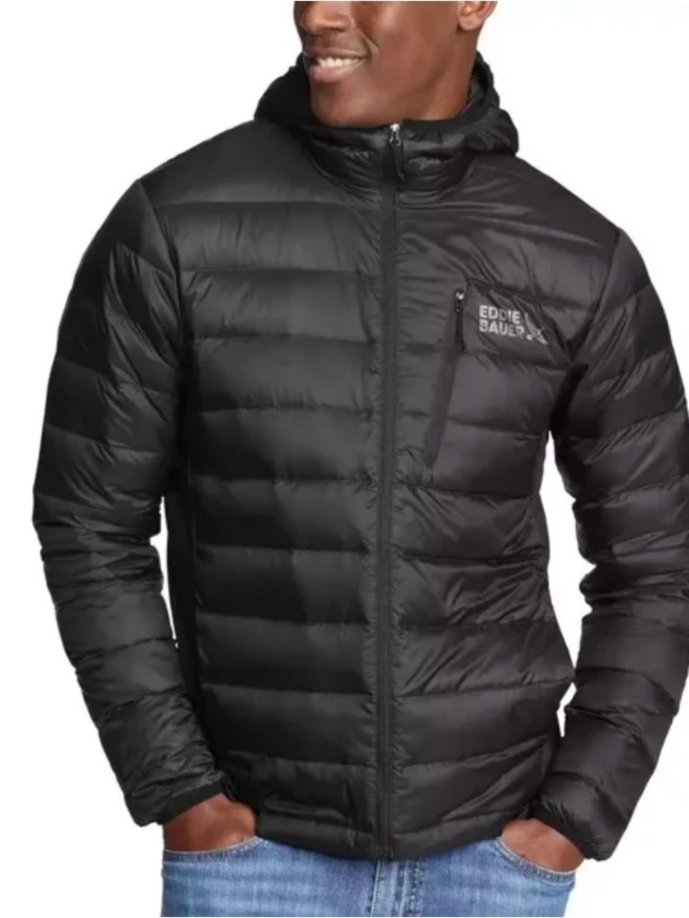 Eddie Bauer 550 Fill Down Hooded Puffer Jacket Stretch Black Men's Large NWT